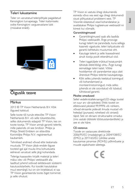 Philips 3100 series T&eacute;l&eacute;viseur LED ultra-plat - Mode d&rsquo;emploi - EST