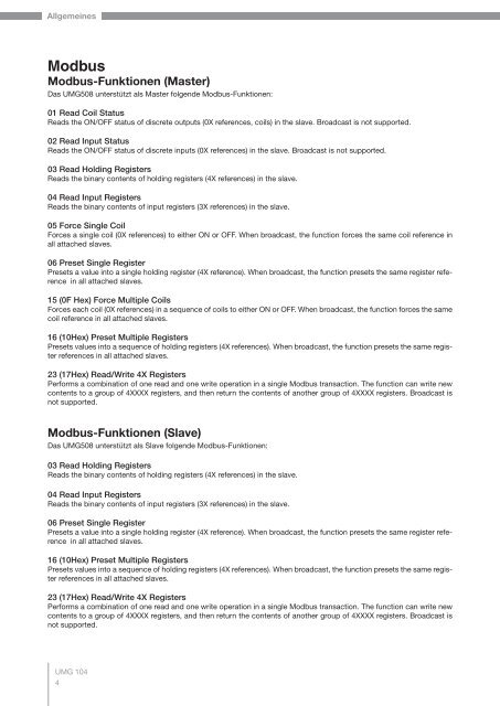 Power Analyser UMG 104 Modbus-Adressenliste und ...