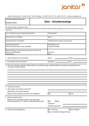 Schadenanzeige Glas - Janitos Versicherung AG