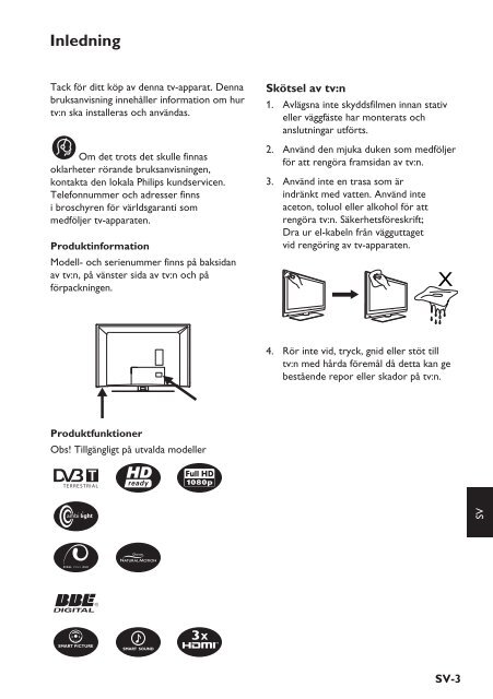 Philips T&eacute;l&eacute;viseur - Mode d&rsquo;emploi - SWE