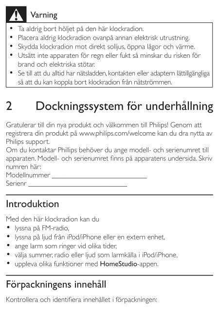 Philips Radio-r&eacute;veil pour iPod/iPhone - Mode d&rsquo;emploi - SWE