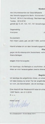 VG_1_K_225_16 Klage um die Herausgabe der zu BV 001488/92Z angelegten STASI-Akte