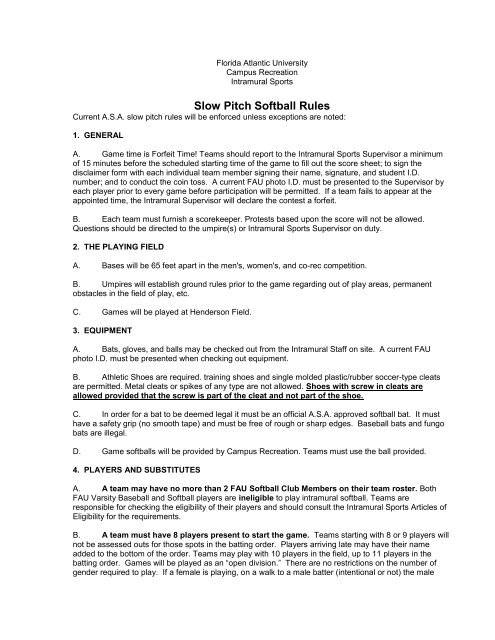 Slow Pitch Softball Rules Florida Atlantic University