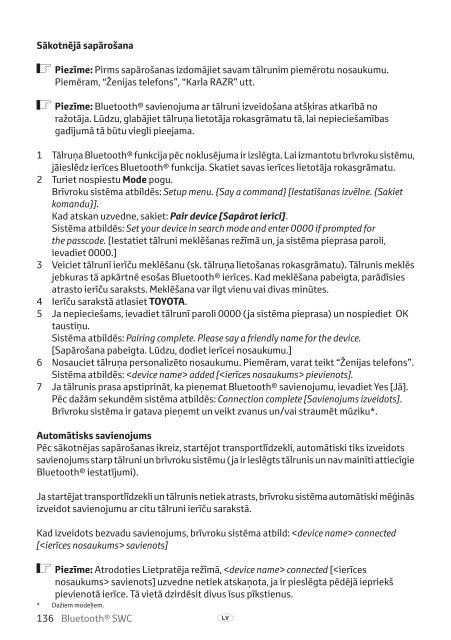 Toyota Bluetooth SWC - PZ420-T0290-BE - Bluetooth SWC (English Russian Lithuanian Latvian Estonian) - mode d'emploi