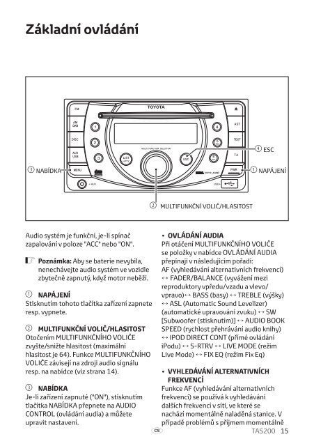 Toyota TAS200 - PZ420-00212-CS - TAS200 (Czech) - mode d'emploi