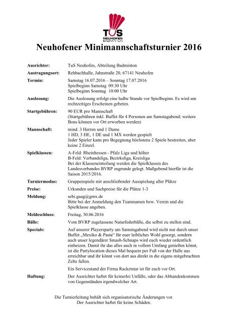 Ausschreibung Neuhofener Minimannschaftsturnier 2016 