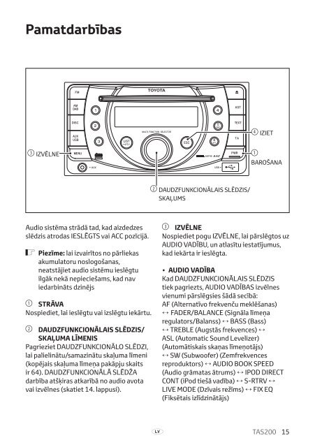 Toyota TAS200 - PZ420-00212-LV - TAS200 (Latvian) - mode d'emploi