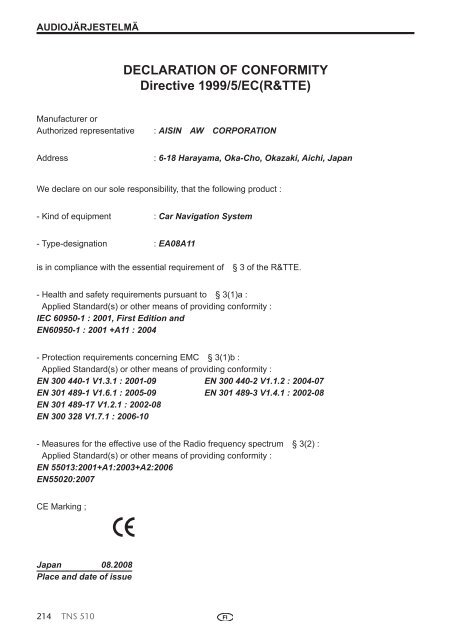 Toyota TNS510 - PZ445-00333-FI - TNS510 (Finnish) - mode d'emploi