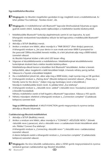 Toyota Bluetooth UIM English Czech Hungarian Polish Russian - PZ420-00292-EE - Bluetooth UIM English Czech Hungarian Polish Russian - mode d'emploi