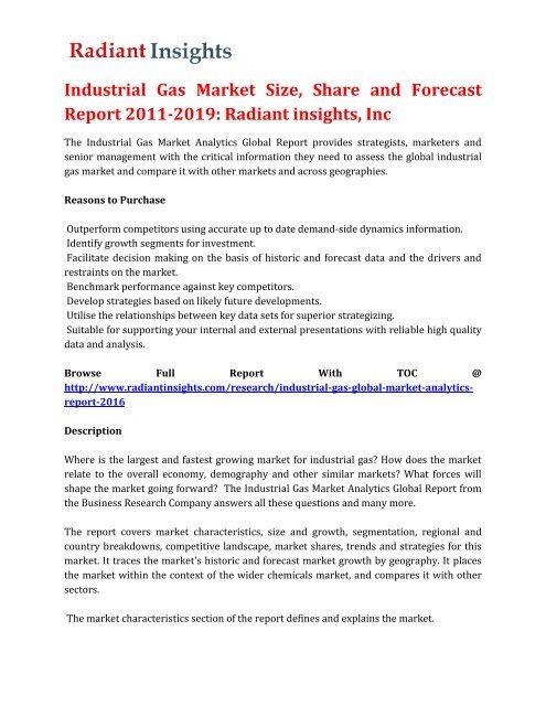 Industrial Gas Market Size, Share and Forecast Report 2011-2019