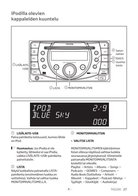 Toyota TAS200 - PZ420-00212-FI - TAS200 (Finnish) - mode d'emploi