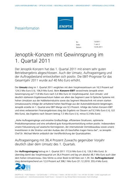 Pressemitteilung und Zahlen auf einen Blick (PDF) - Jenoptik AG