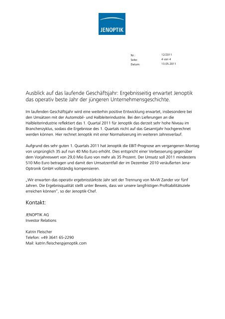 Pressemitteilung und Zahlen auf einen Blick (PDF) - Jenoptik AG