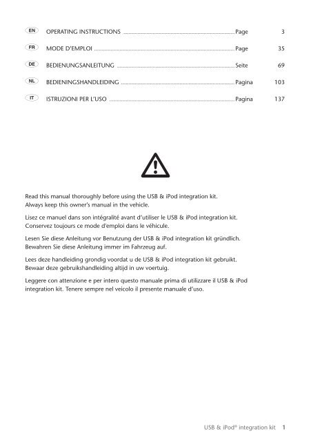 Toyota USB &amp;amp; iPod interface kit - PZ473-00266-00 - USB &amp; iPod interface kit (English, French, German, Dutch, Italian) - mode d'emploi