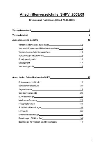 Anschriftenverzeichnis SHFV 2008/09