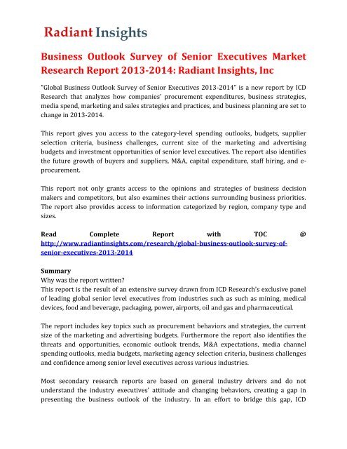 Business Outlook Survey of Senior Executives Market Research Report 2013-2014