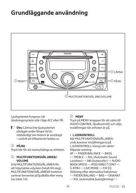 Toyota TAS200 - PZ420-00212-SV - TAS200 (Swedish) - mode d'emploi