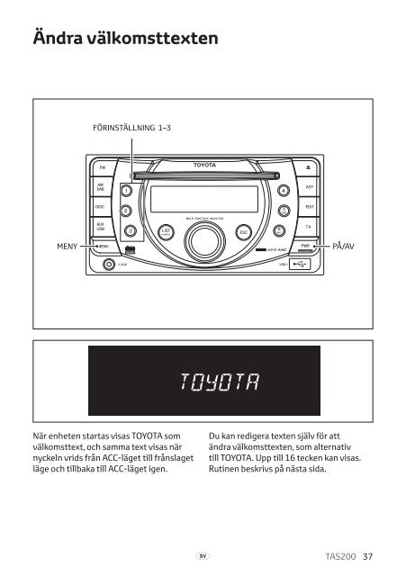 Toyota TAS200 - PZ420-00212-SV - TAS200 (Swedish) - mode d'emploi