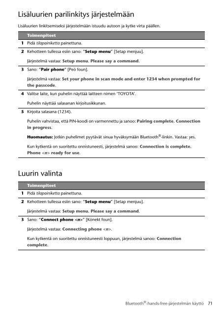 Toyota Bluetooth SWC English Danish Finnish Norwegian Swedish - PZ420-00291-NE - Bluetooth SWC English Danish Finnish Norwegian Swedish - mode d'emploi