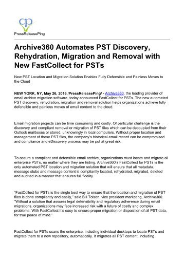 Archive360 Automates PST Discovery, Rehydration, Migration and Removal with New FastCollect for PSTs