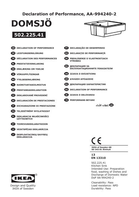 Ikea DOMSJ&amp;Ouml; lavello a 1 vasca - S99931649 - Manuali