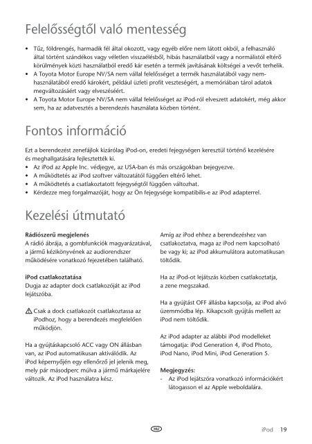 Toyota Ipod Integration Kit Czech, Hungarian, Polish, Russian, Slovenian, Ukrainian - PZ420-00261-EE - Ipod Integration Kit Czech, Hungarian, Polish, Russian, Slovenian, Ukrainian - mode d'emploi