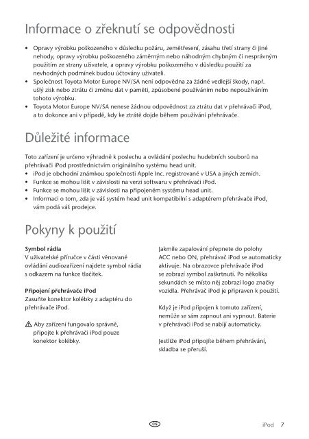 Toyota Ipod Integration Kit Czech, Hungarian, Polish, Russian, Slovenian, Ukrainian - PZ420-00261-EE - Ipod Integration Kit Czech, Hungarian, Polish, Russian, Slovenian, Ukrainian - mode d'emploi