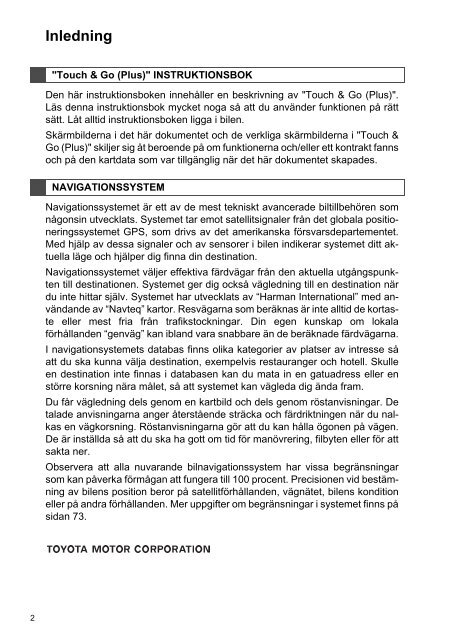 Toyota Toyota Touch &amp;amp; Go - PZ490-00331-*0 - Toyota Touch &amp; Go - Touch Touch &amp; Go Plus - Swedish - mode d'emploi