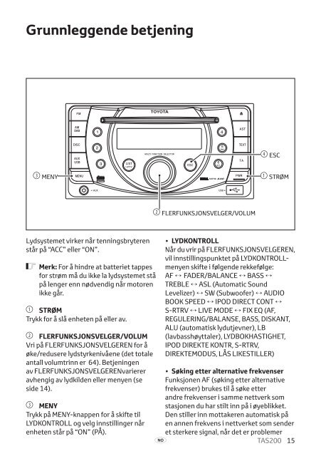 Toyota TAS200 - PZ420-00212-NO - TAS200 (Norwegian) - mode d'emploi