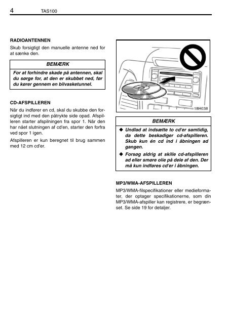 Toyota TAS100 - PZ49X-00210-DA - TAS100 (Danish) - mode d'emploi