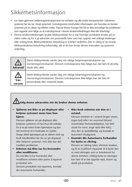 Toyota Ipod Integration Kit Danish, Finnish, Norwegian, Swedish - PZ420-00261-NE - Ipod Integration Kit Danish, Finnish, Norwegian, Swedish - mode d'emploi