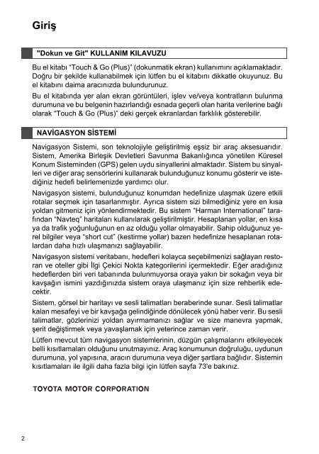 Toyota Toyota Touch &amp;amp; Go - PZ490-00331-*0 - Toyota Touch &amp; Go - Toyota Touch &amp; Go Plus - Turkish - mode d'emploi
