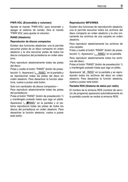 Toyota TAS100 - PZ49X-00210-ES - TAS100 (Spanish) - mode d'emploi