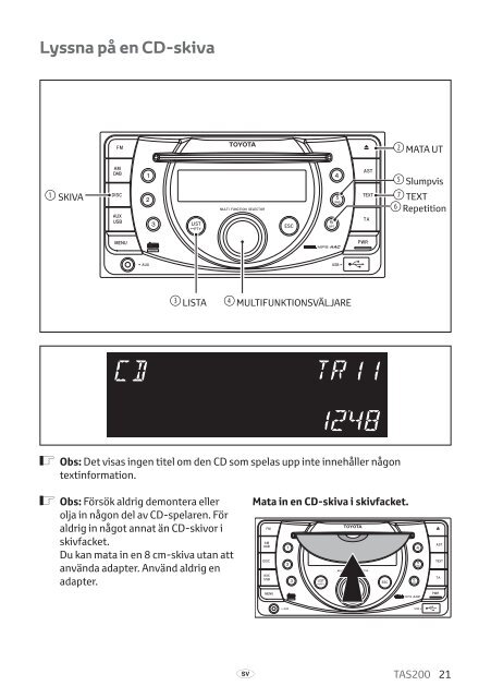 Toyota TAS200 - PZ420-00212-SV - TAS200 (Swedish) - mode d'emploi