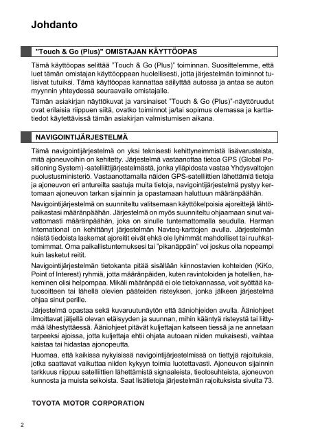 Toyota Toyota Touch &amp;amp; Go - PZ490-00331-*0 - Toyota Touch &amp; Go - Toyota Touch &amp; Go Plus - Finnish - mode d'emploi