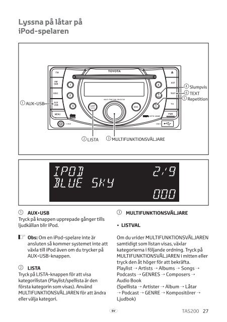 Toyota TAS200 - PZ420-00212-SV - TAS200 (Swedish) - mode d'emploi