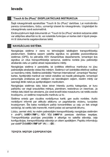 Toyota Toyota Touch &amp;amp; Go - PZ490-00331-*0 - Toyota Touch &amp; Go - Toyota Touch &amp; Go Plus - Latvian - mode d'emploi