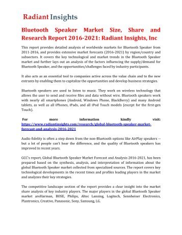 Bluetooth Speaker Market Size, Share and Research Report 2016-2021