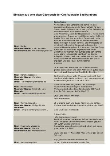 Einträge aus dem alten Gästebuch der Ortsfeuerwehr Bad Harzburg