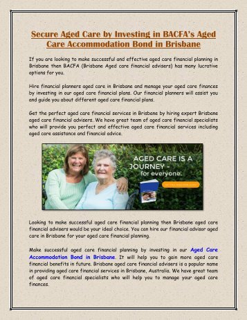 Secure Aged Care by Investing in BACFA’s Aged Care Accommodation Bond in Brisbane