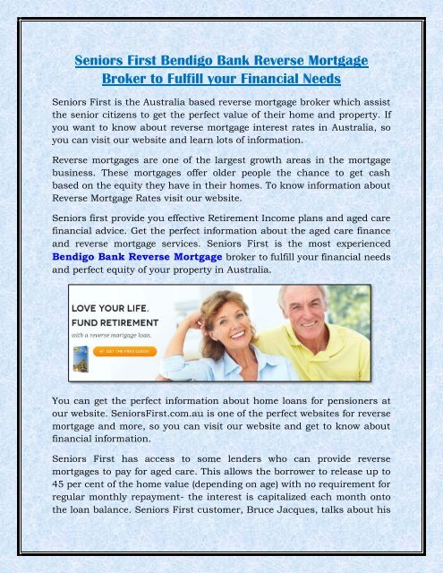 Seniors First Bendigo Bank Reverse Mortgage Broker to Fulfill your Financial Needs