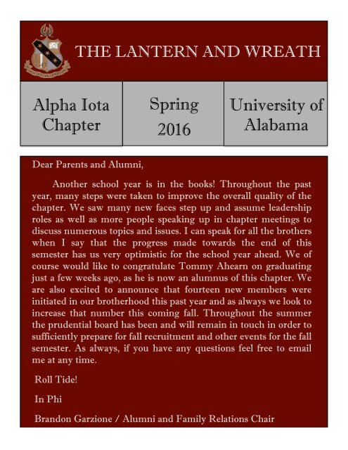 Alpha Sigma Phi Spring Newsletter 2016