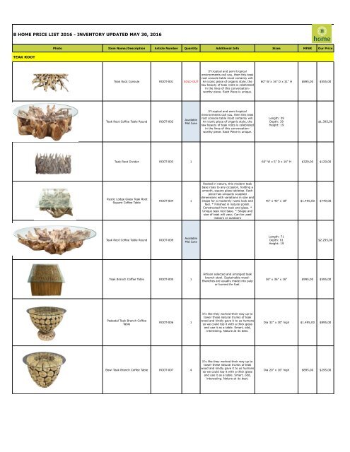 Bhome Wholesale Pricelist Teak Root 2016