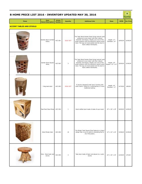 Bhome Wholesale Pricelist Stools 2016