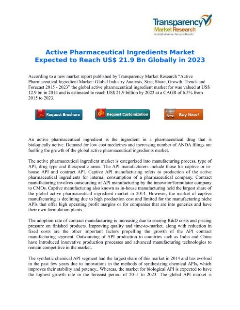 Active Pharmaceutical Ingredients Market Expected to Reach US$ 21.9 Bn Globally in 2023