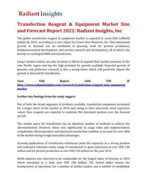 Transfection Reagent & Equipment Market Size and Forecast Report 2022