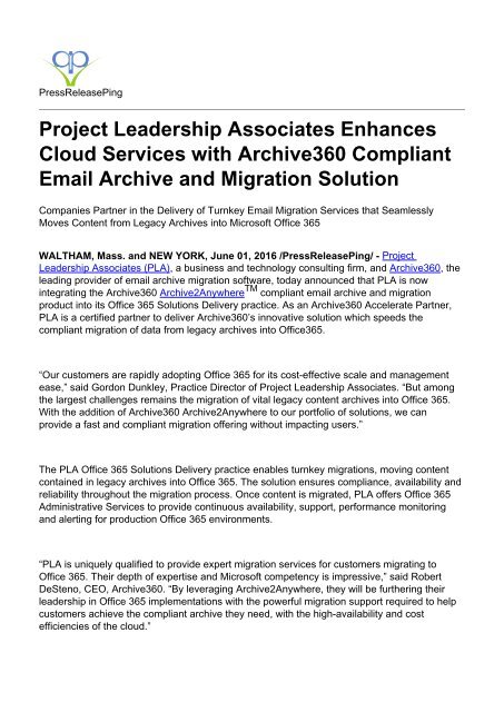 Project Leadership Associates Enhances Cloud Services with Archive360 Compliant Email Archive and Migration Solution