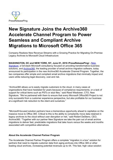 New Signature Joins the Archive360 Accelerate Channel Program to Power Seamless and Compliant Archive Migrations to Microsoft Office 365