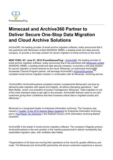 Mimecast and Archive360 Partner to Deliver Secure One-Stop Data Migration and Cloud Archive Solutions