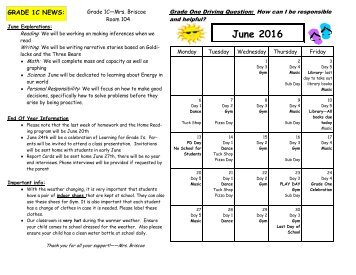 June 2016 Calendar and Curriculum Expectations